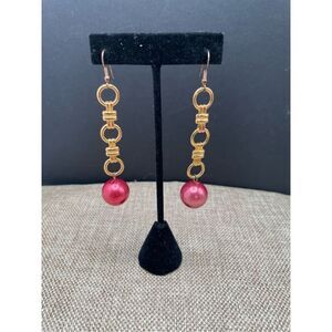Vintage Dangle Dark Pink Bauble Pierced Earrings Gold Tone Rings